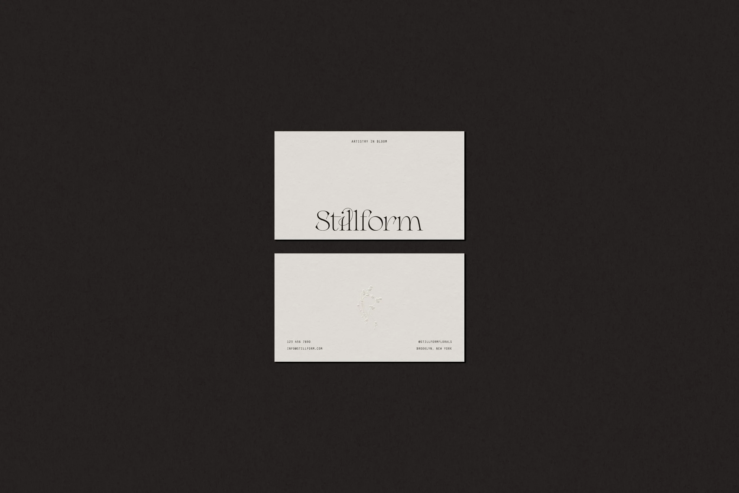 Stillform Floral Studio branding collateral including modern, artful business cards