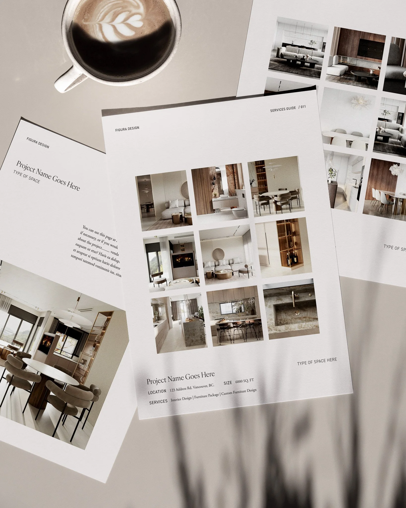 Modern interior design studio brand identity mockup for Figura Design services guide