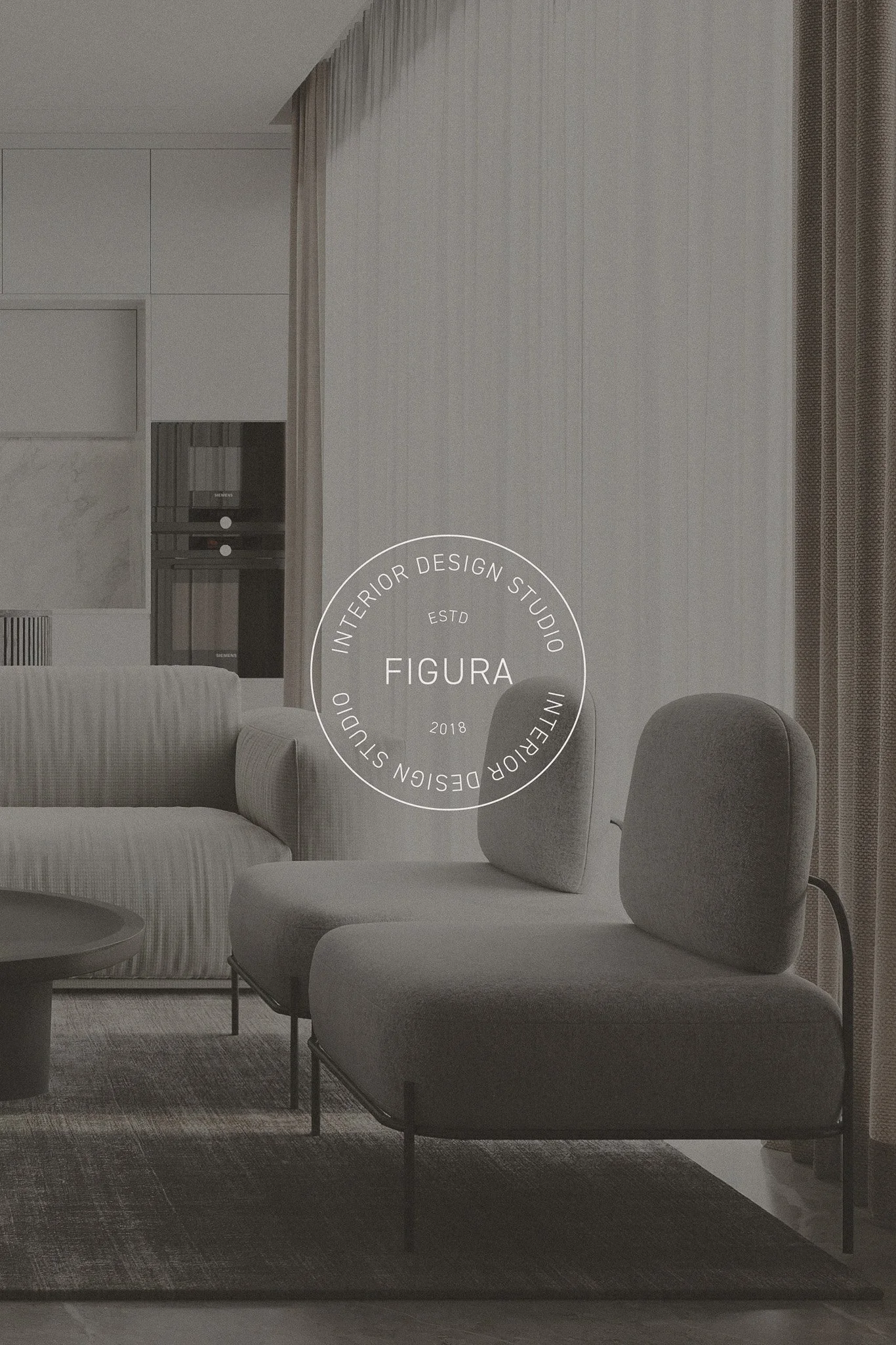 White Figura Design round logo mark on image of modern, elegant living room