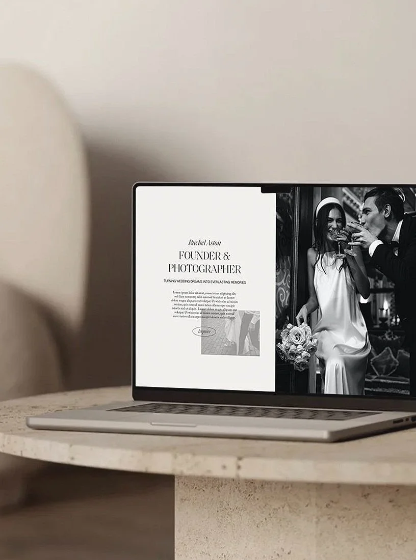 Rachel Aston Photography brand identity website design featuring elegant typography and romantic wedding portrait
