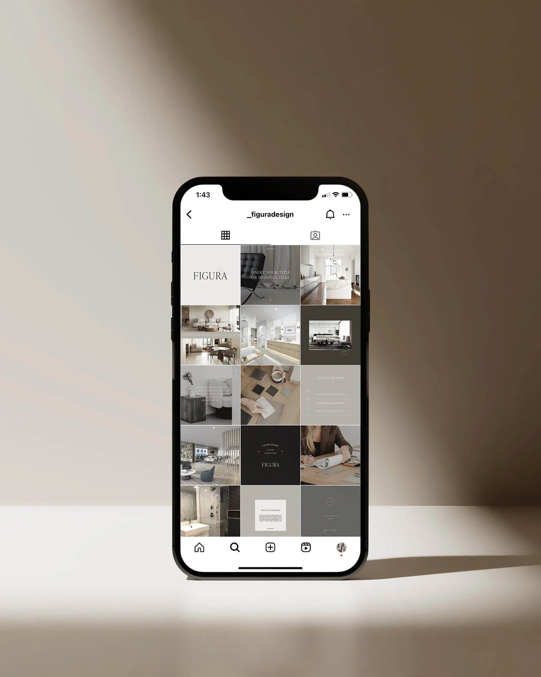Figura Design minimal interior design branding applications and visual identity elements Instagram mockup