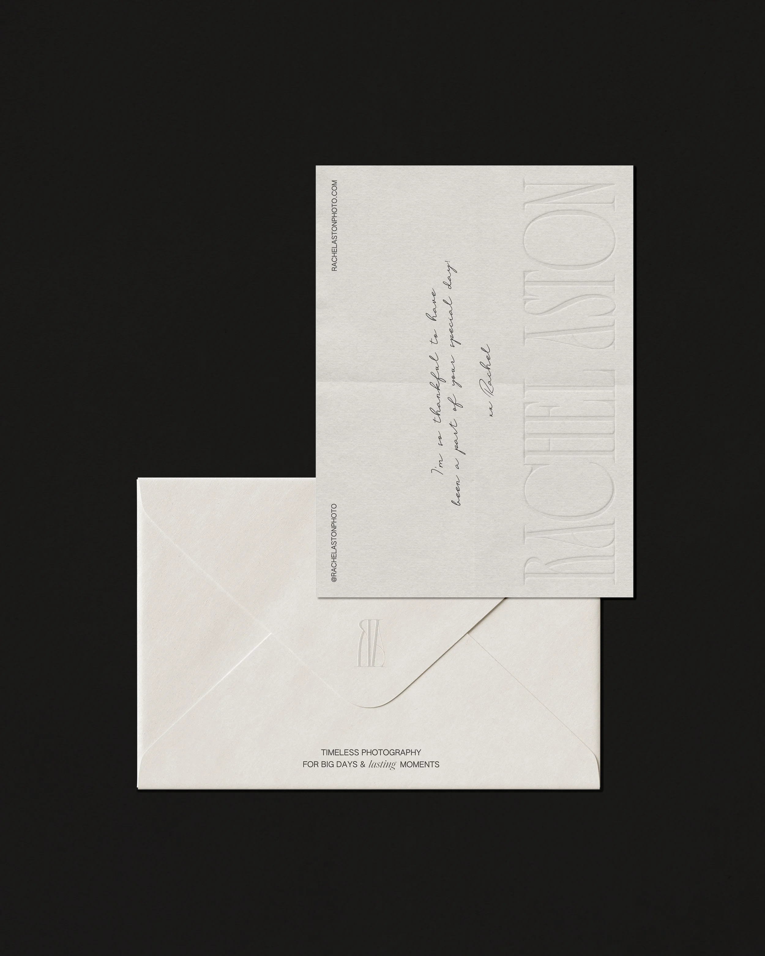 Rachel Aston Photography branding collateral including note card and envelope stationery design