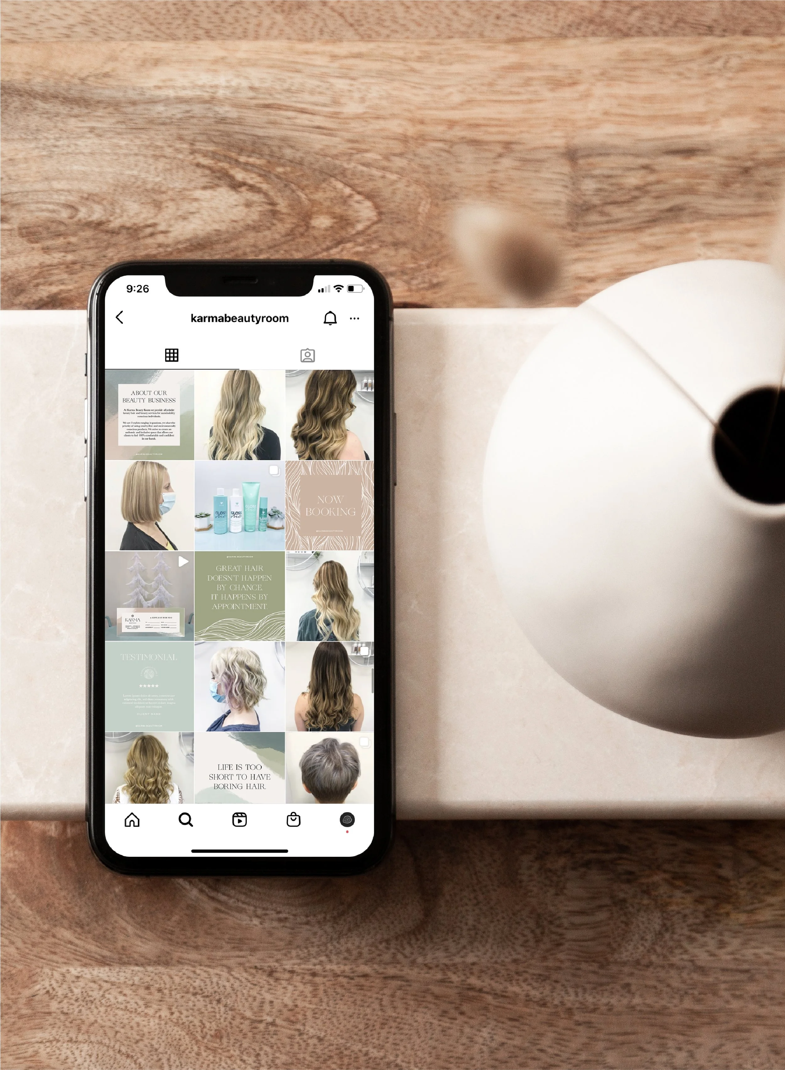 Karma Beauty Room modern organic hair salon brand identity social media Instagram mockup