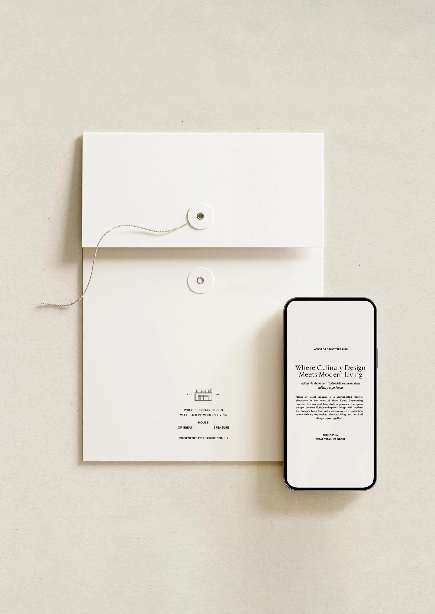Luxury kitchen showroom brand collateral envelope mockup for House of Great Treasure branding