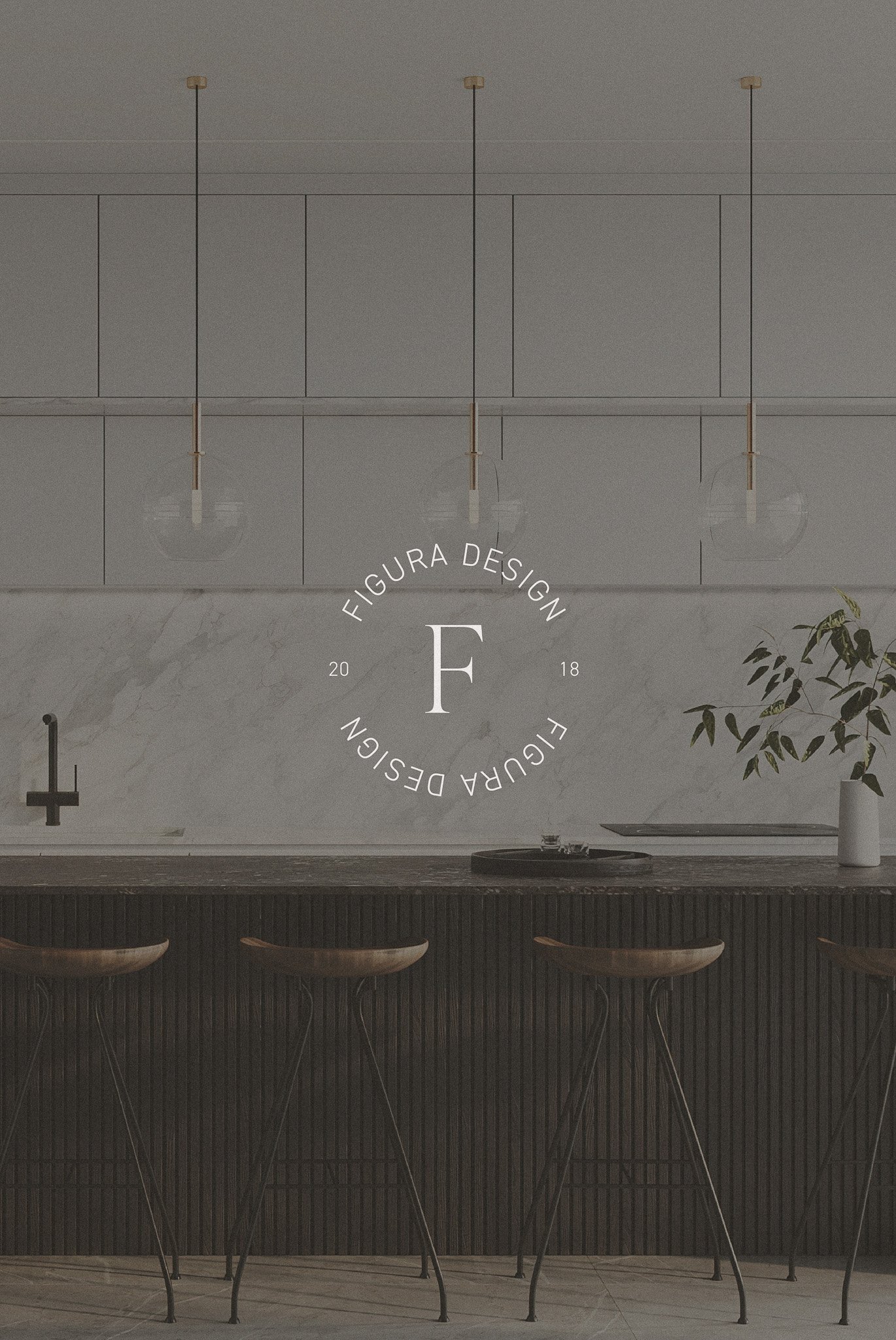 White Figura Design word mark logo on image of elegant, modern kitchen