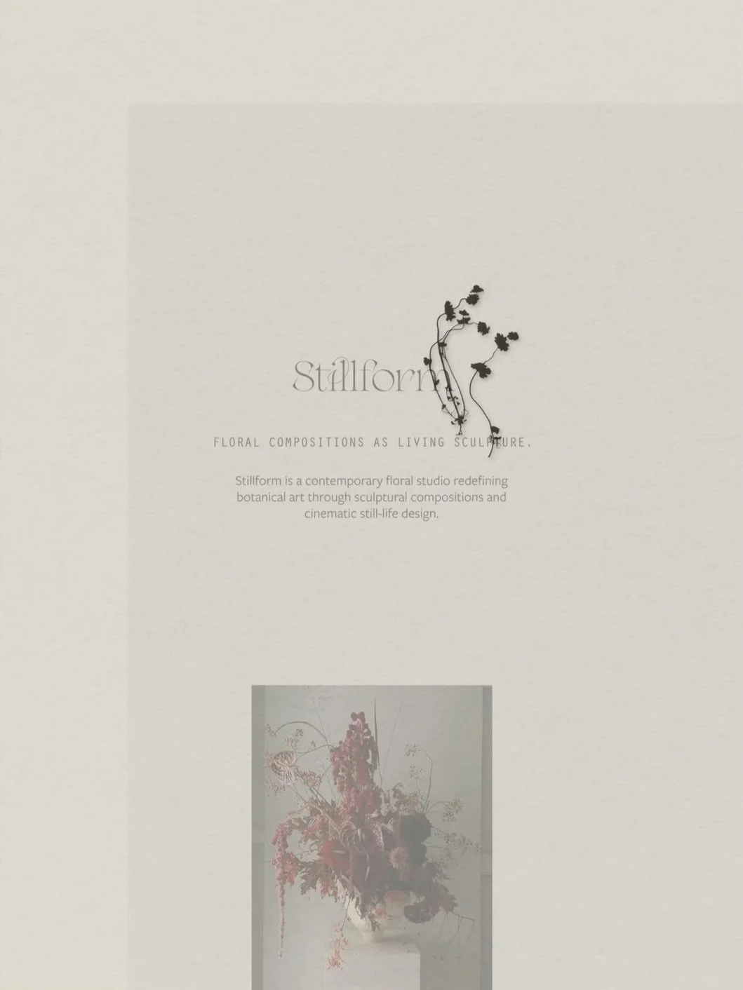 Stillform Floral Studio branding collateral editorial style print materials featuring refined serif and monospace typography and floral illustration