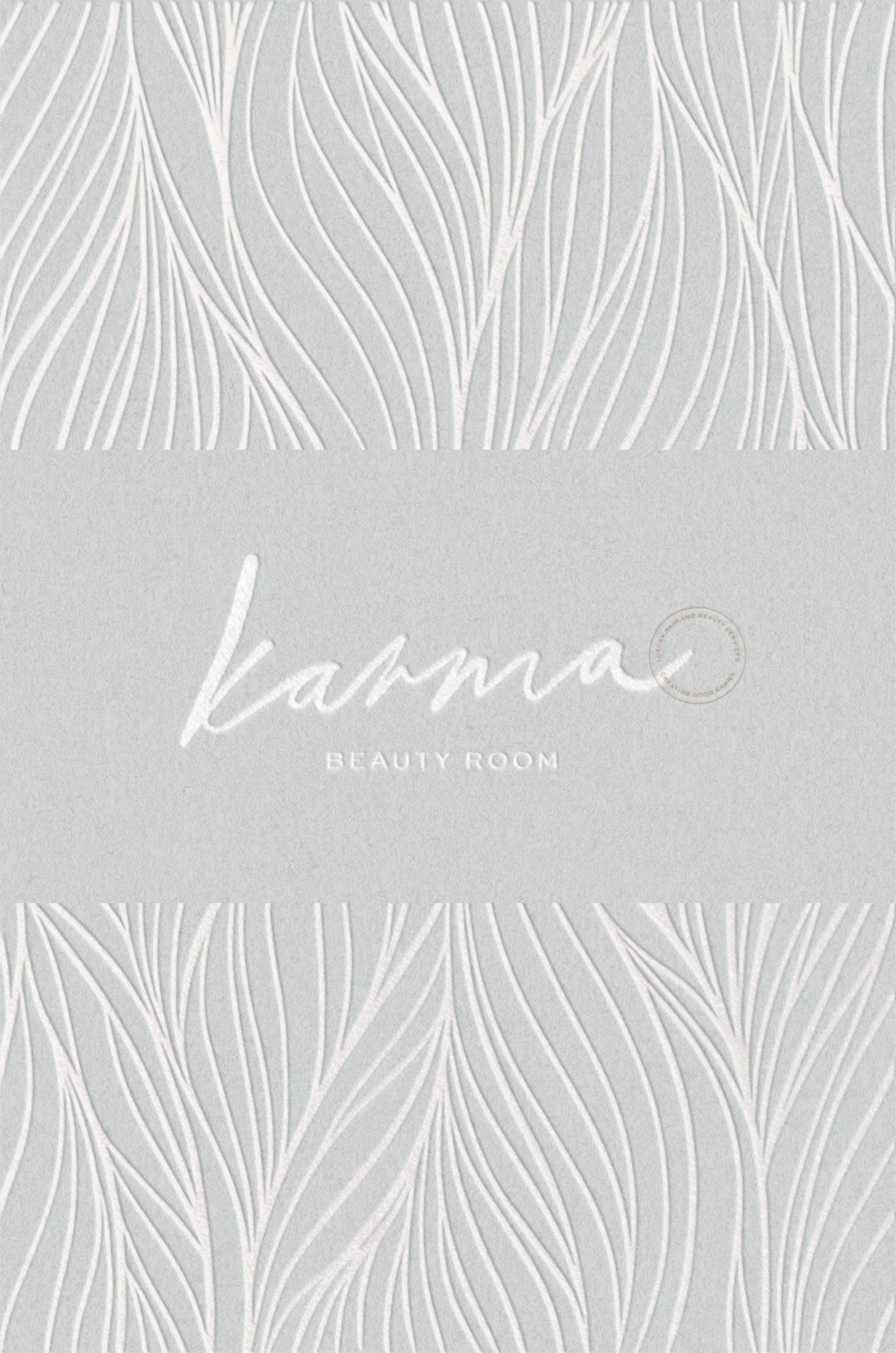 Karma Beauty Room brand identity featuring organic handwritten logo design and illustrative line drawing pattern