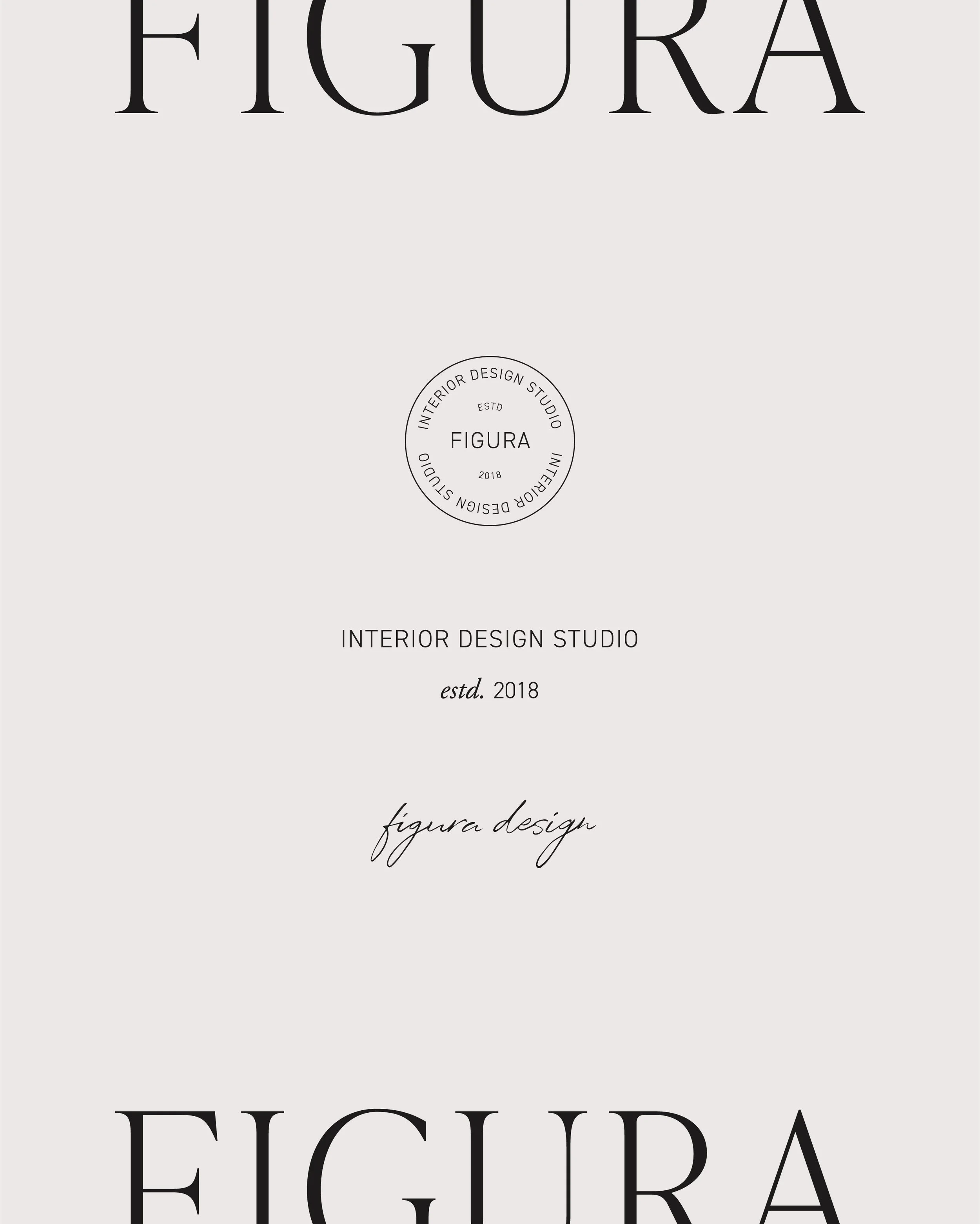 Black Figura Design logo cut off at top and bottom of image. Round logo mark, and handwritten logo in the centre of image.