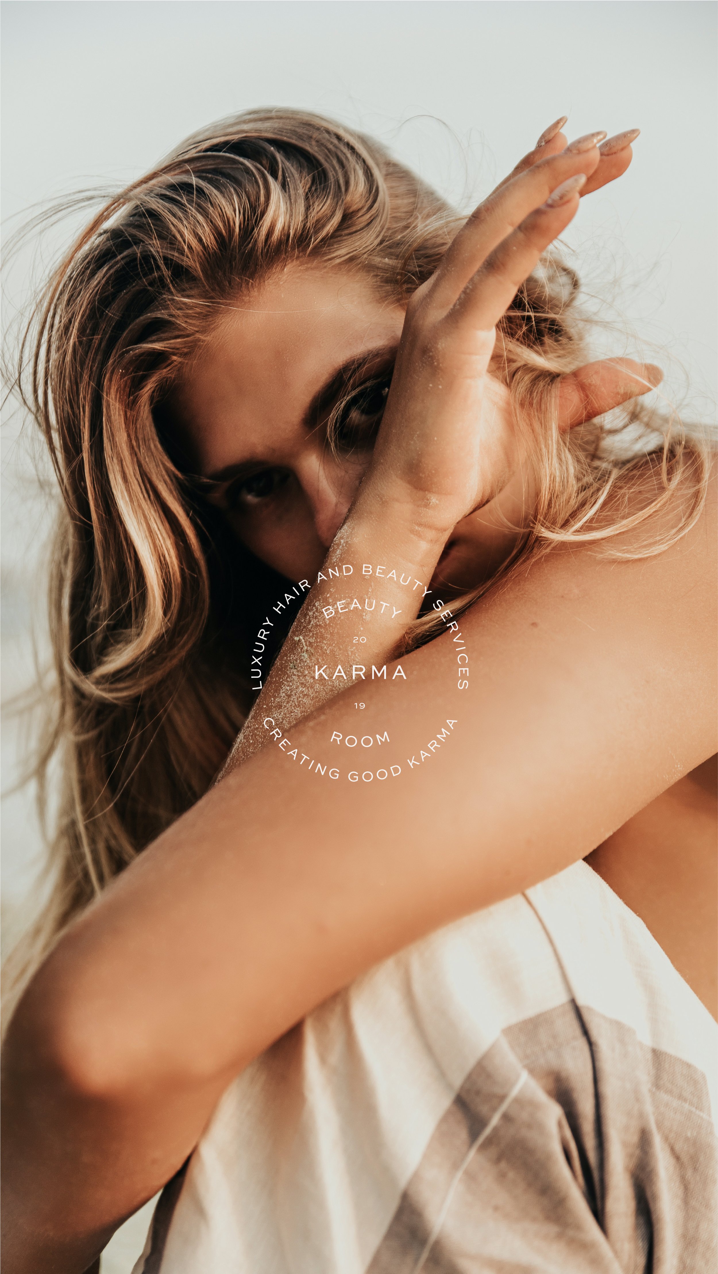 Karma Beauty Room modern typographic brand mark for refined, coastal hair salon brand identity