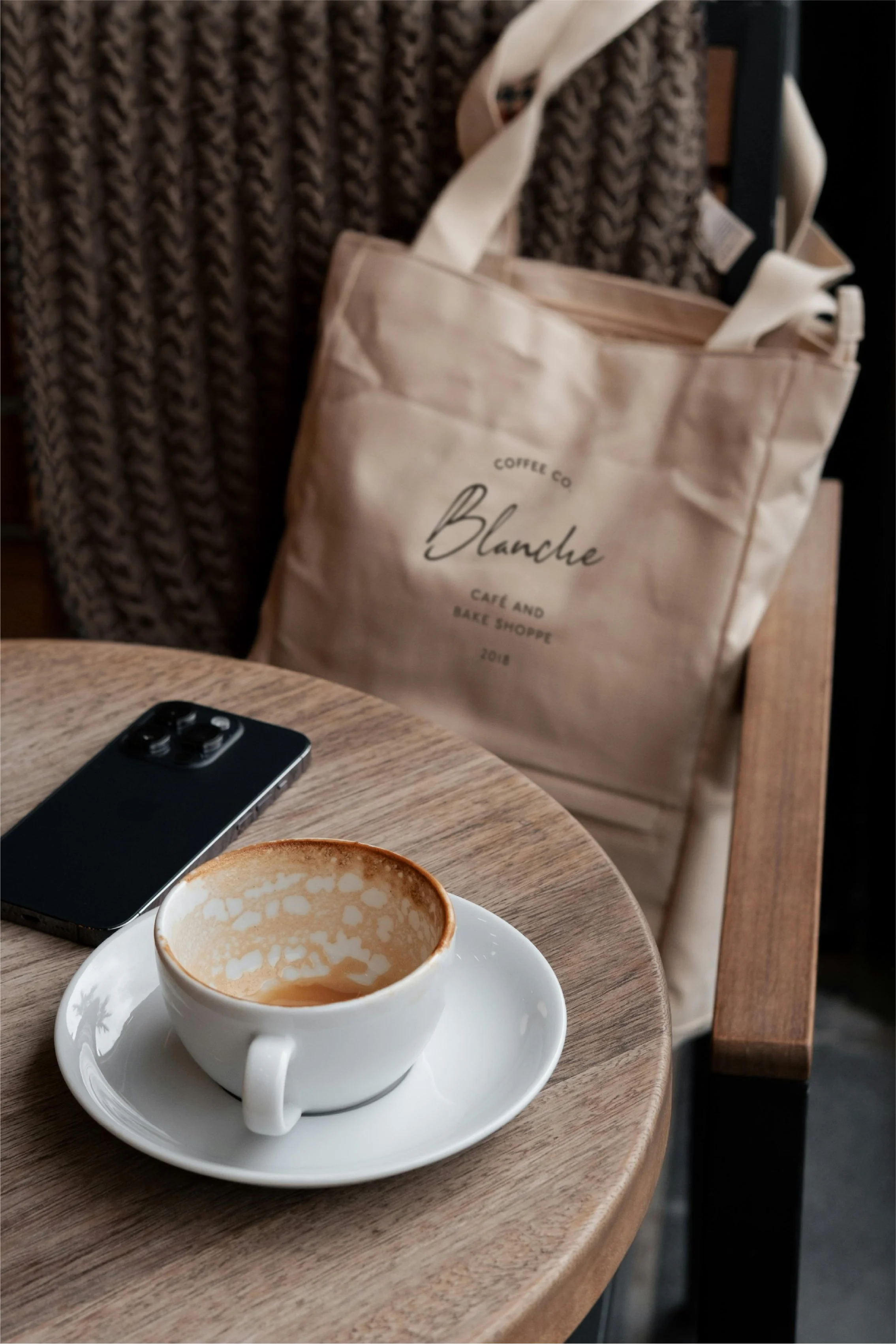 Blanche Coffee Co chic coffee shop branded tote bag with logo brand mark