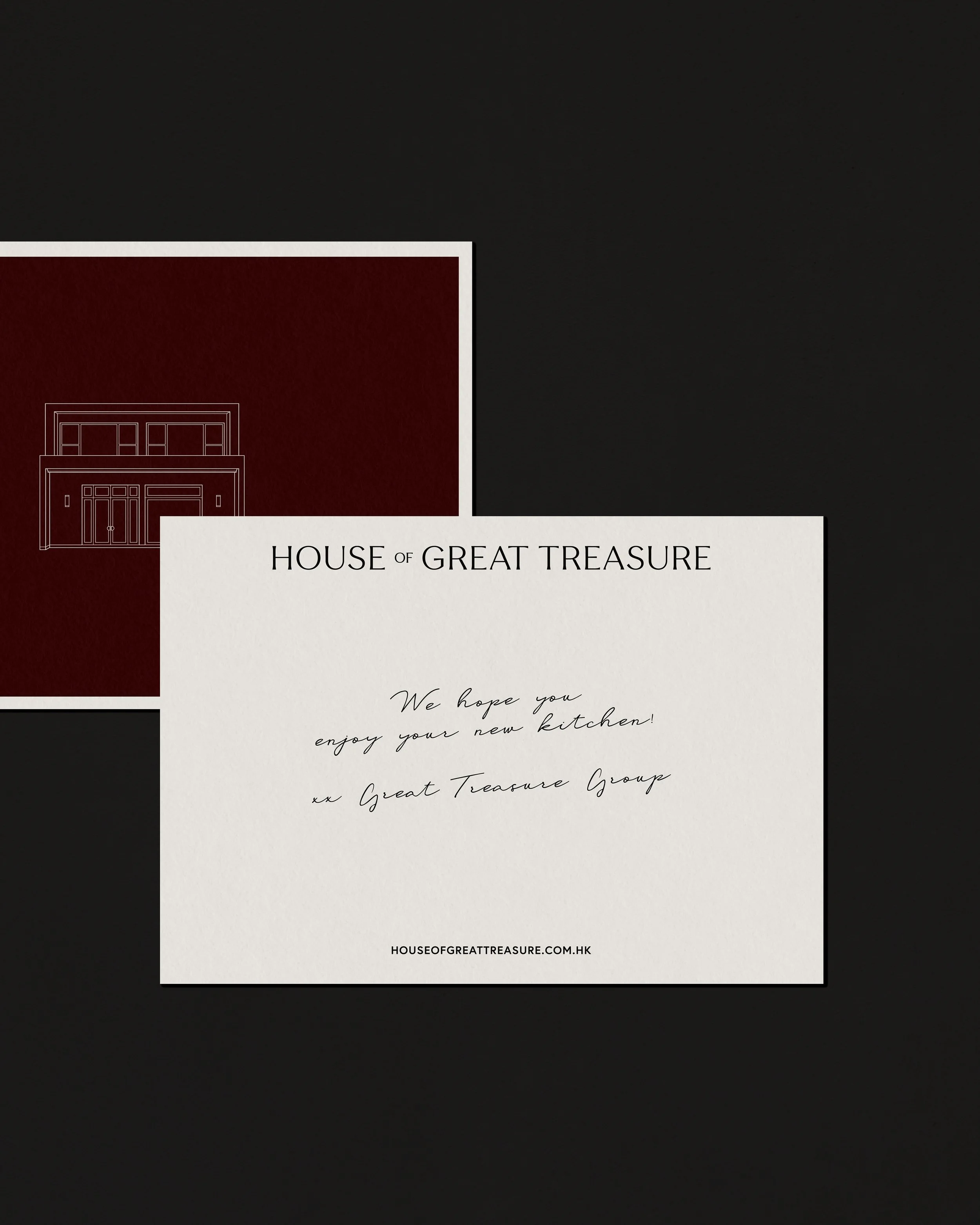 House of Great Treasure branding collateral design including print stationery and brand materials
