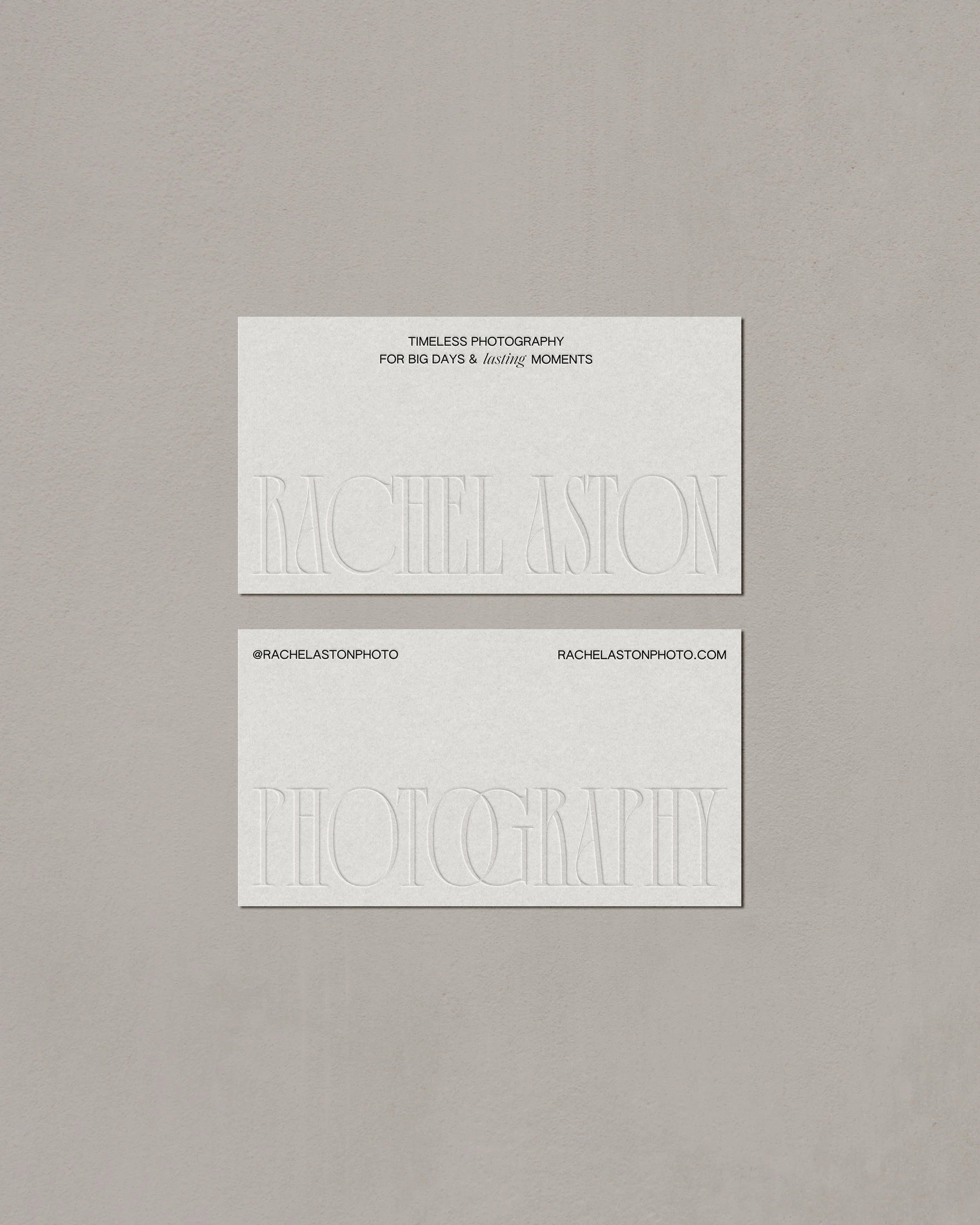 Rachel Aston Photography branding collateral including business card stationery design