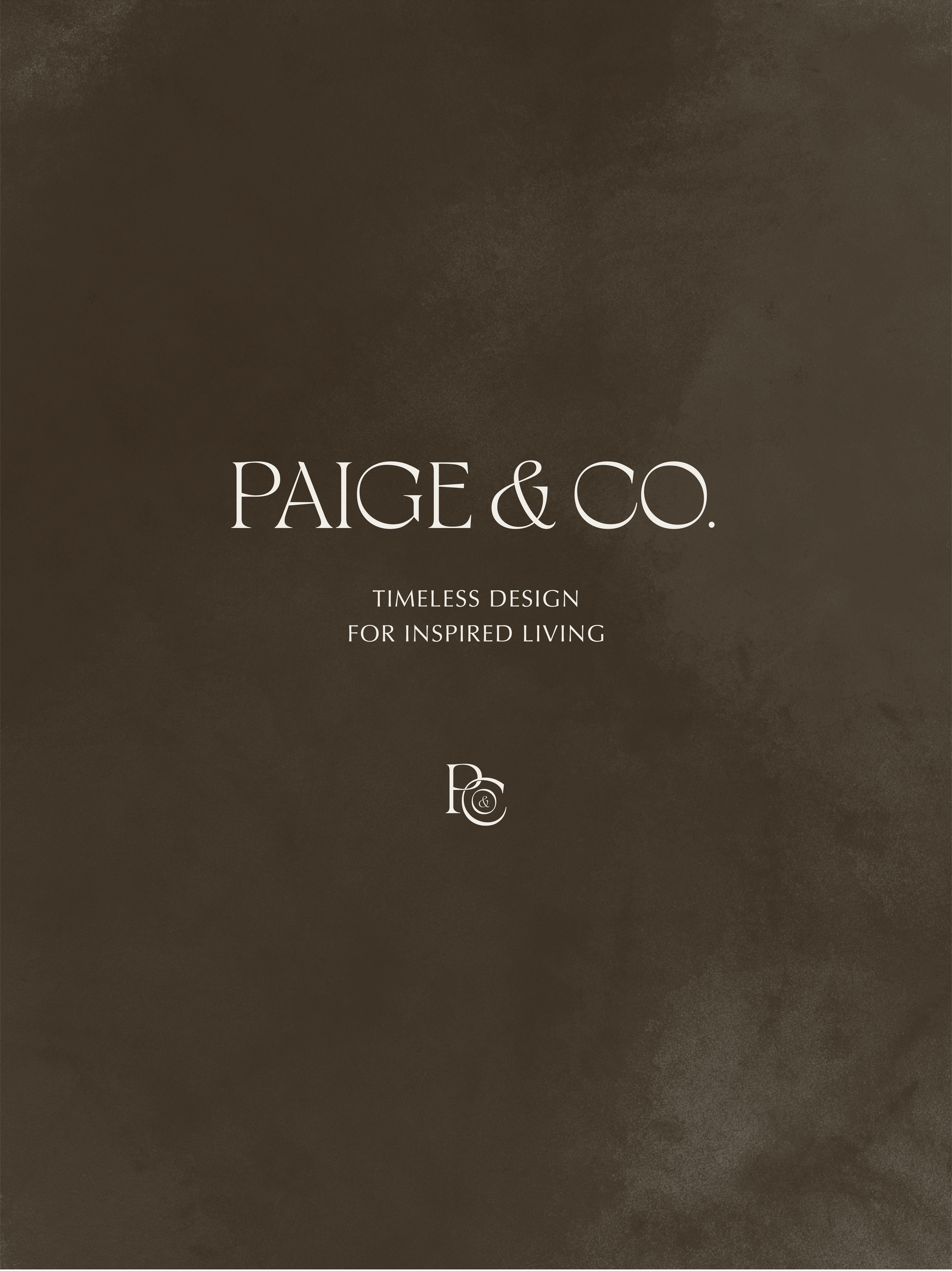 Paige and Co Interiors brand identity featuring warm brown texture and modern serif typography