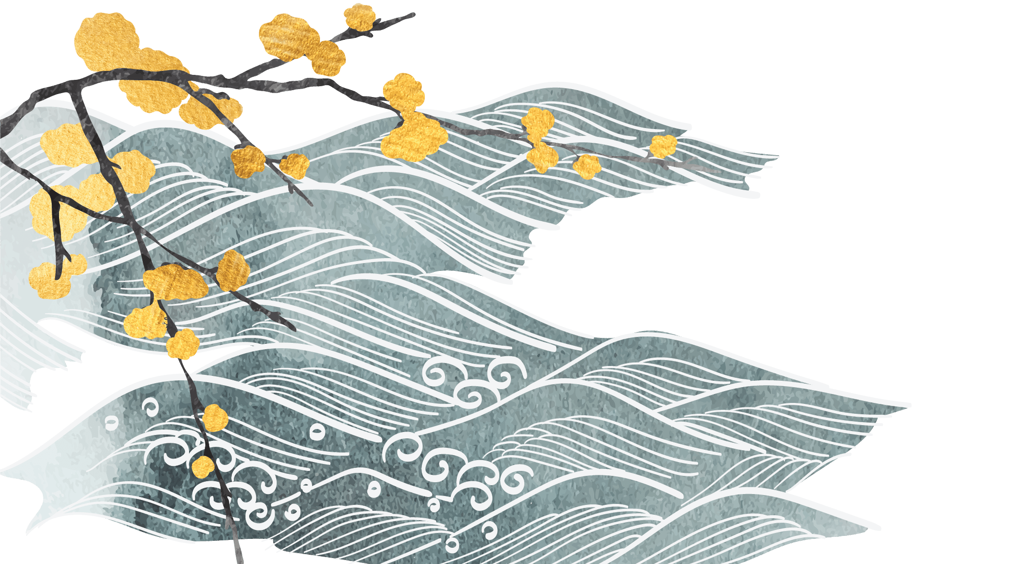 Stylized illustration of a black background with gold ppom-pom flowers on black branches, overlaying traditional Japanese wave patterns in shades of blue and gray with white accents.