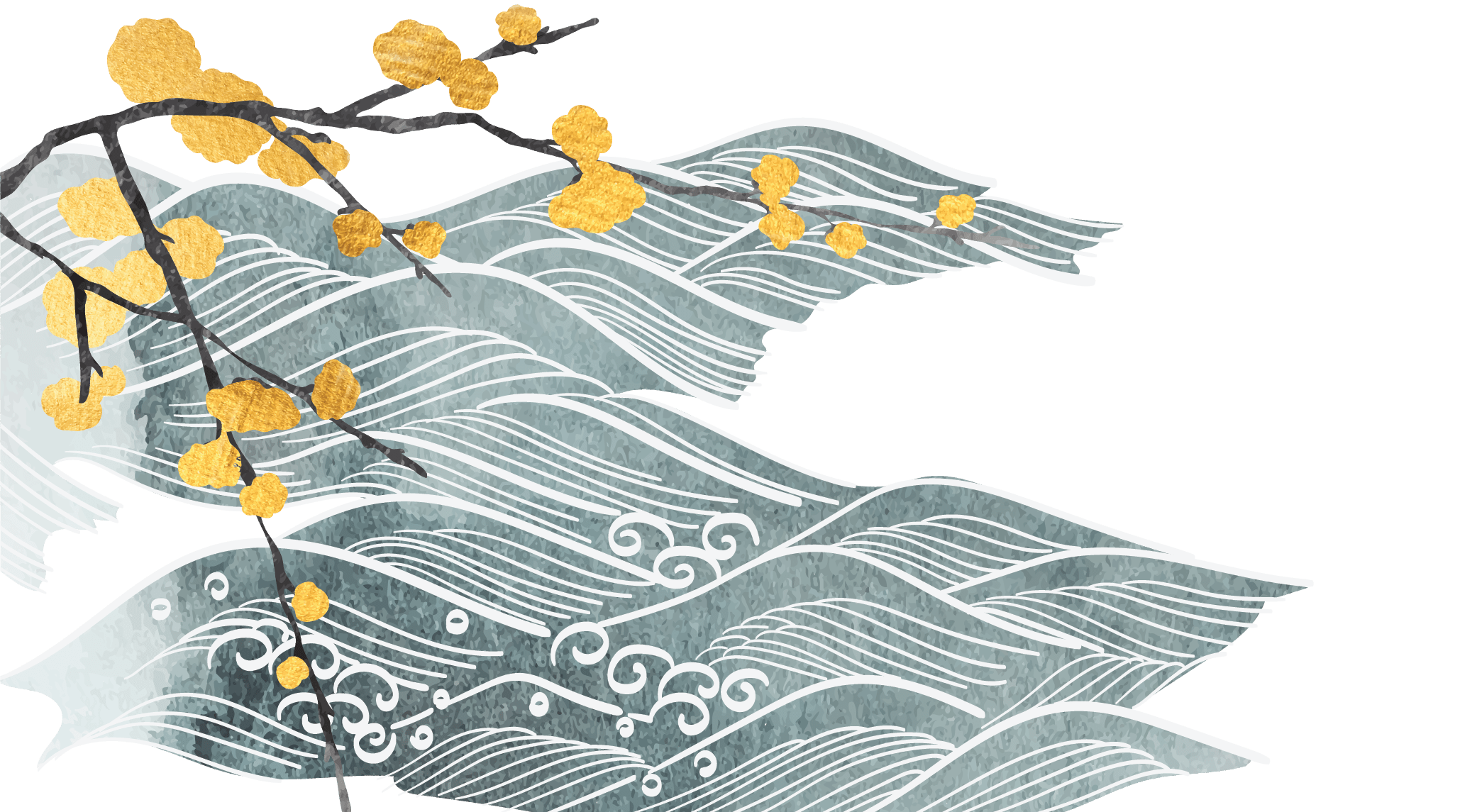 Stylized illustration of a branch with yellow flowers over flowing stylized blue and white waves.