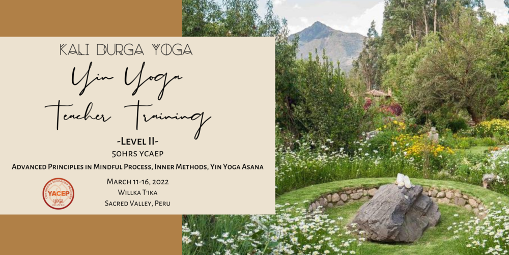 A promotional poster for a Yin Yoga teacher training course with a scenic garden background featuring trees, flowers, mountains, and a large rock with a white cloth on top.