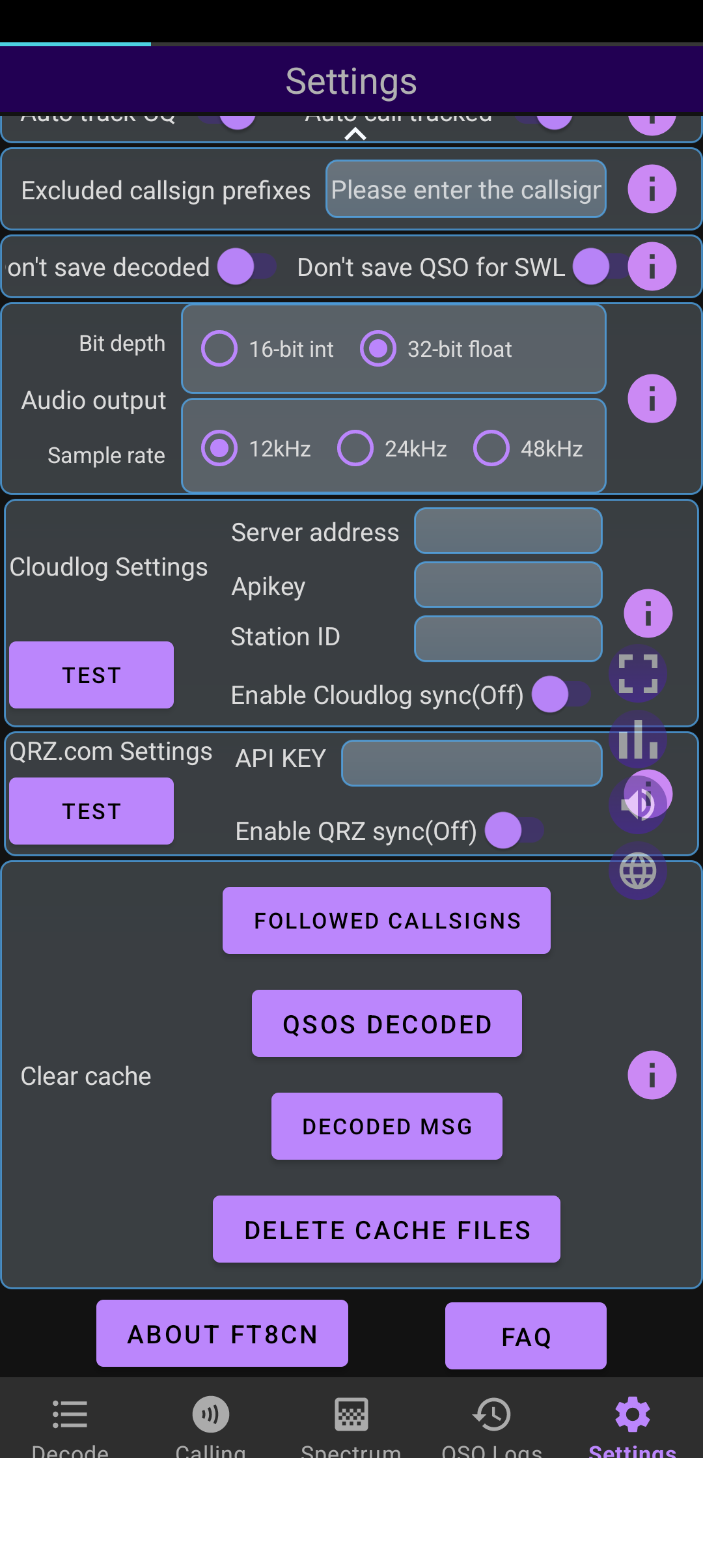Screenshot of a mobile app settings menu with options related to radio communications, including server address, API key, call signs, and cache management, with a dark theme and purple accents.