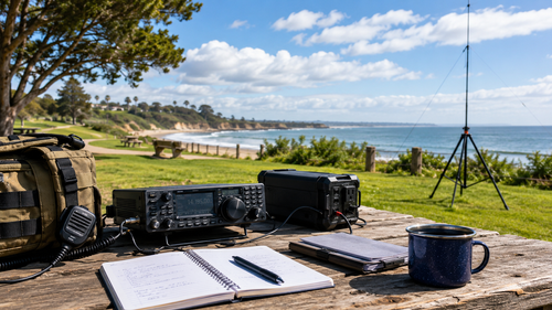 N1JUR field notes with portable ham radio gear, notebook, antenna, coffee, and POTA operating setup