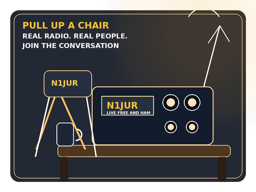 N1JUR community radio setup with camp chair, radio, antenna, and coffee mug