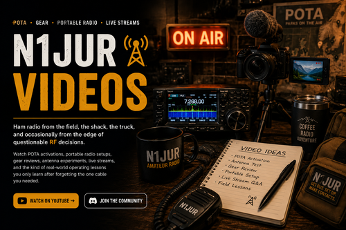N1JUR ham radio video setup with radios, camera gear, POTA equipment, and live stream gear