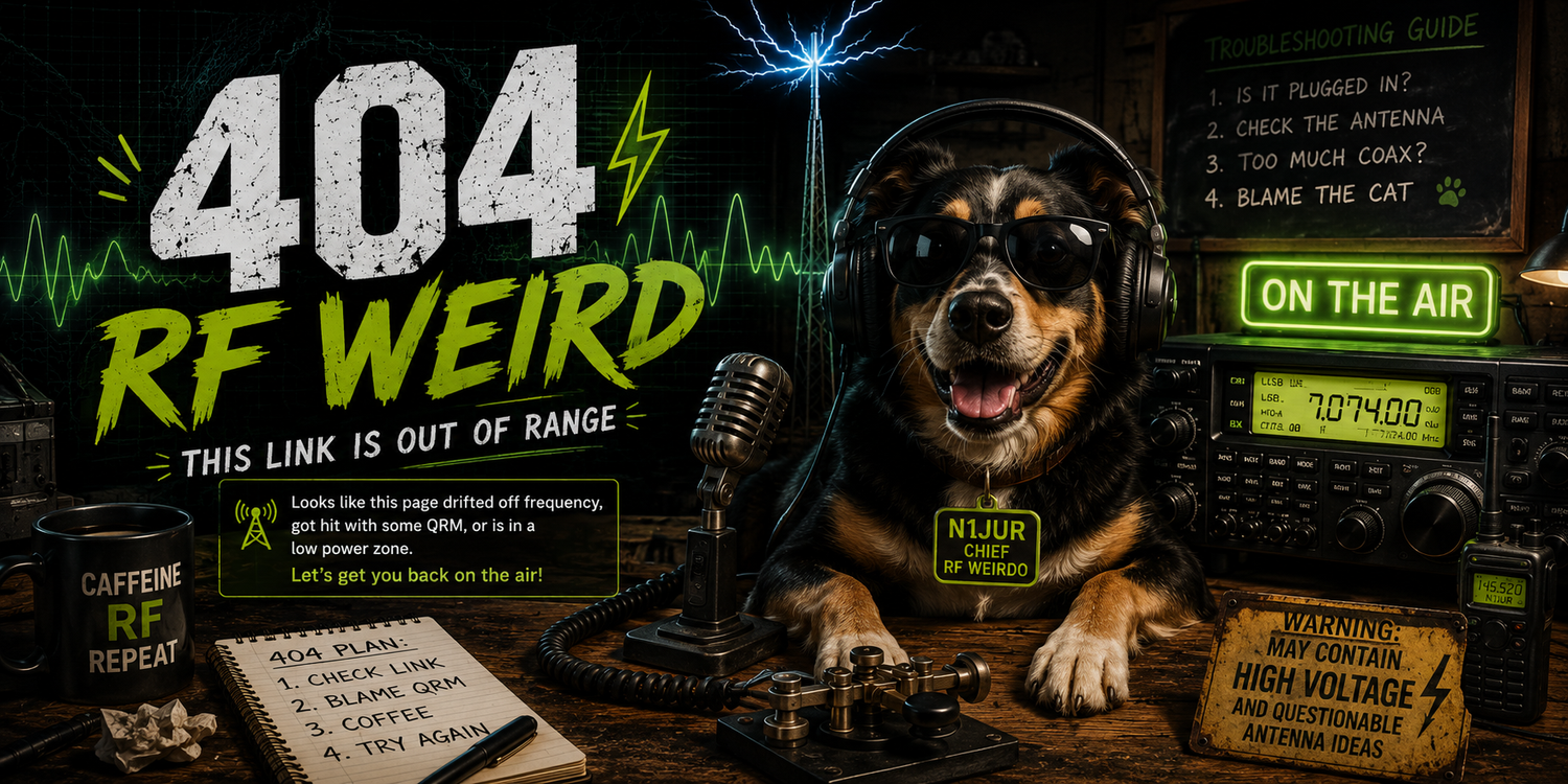 404 page RF Weird ham radio error banner for N1JUR