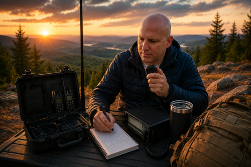 N1JUR portable ham radio field setup with radio, logbook, antenna, and coffee