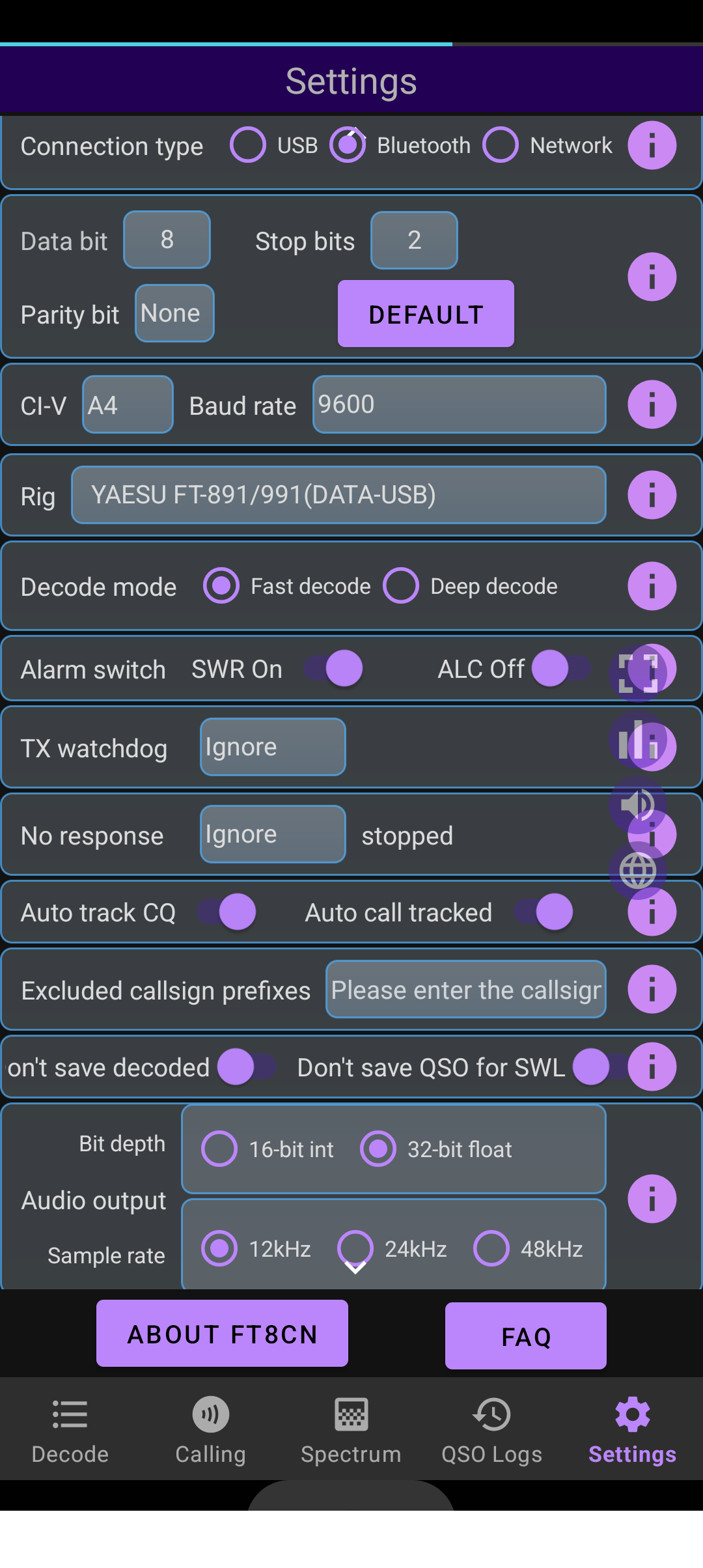 Mobile app settings screen for radio communication with options for connection type, data bits, stop bits, parity, baud rate, and other radio configuration settings.