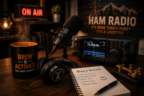 Brew and Activate podcast with coffee, ham radio gear, headphones, microphone, and portable radio notes
