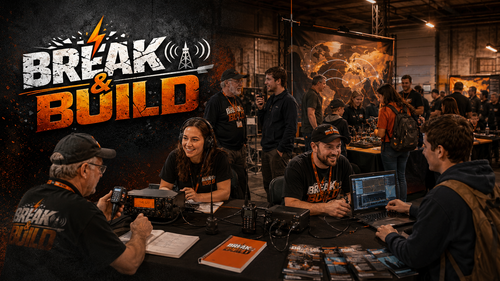 Ham radio club members gathered around radios, event tables, laptops, and community outreach displays