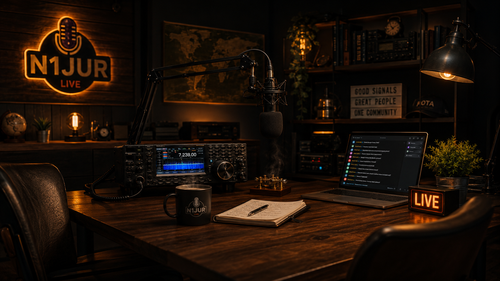 N1JUR live ham radio stream setup with radio, microphone, coffee, and chat