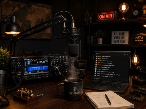 N1JUR live stream community radio setup with coffee, microphone, and ham radio gear