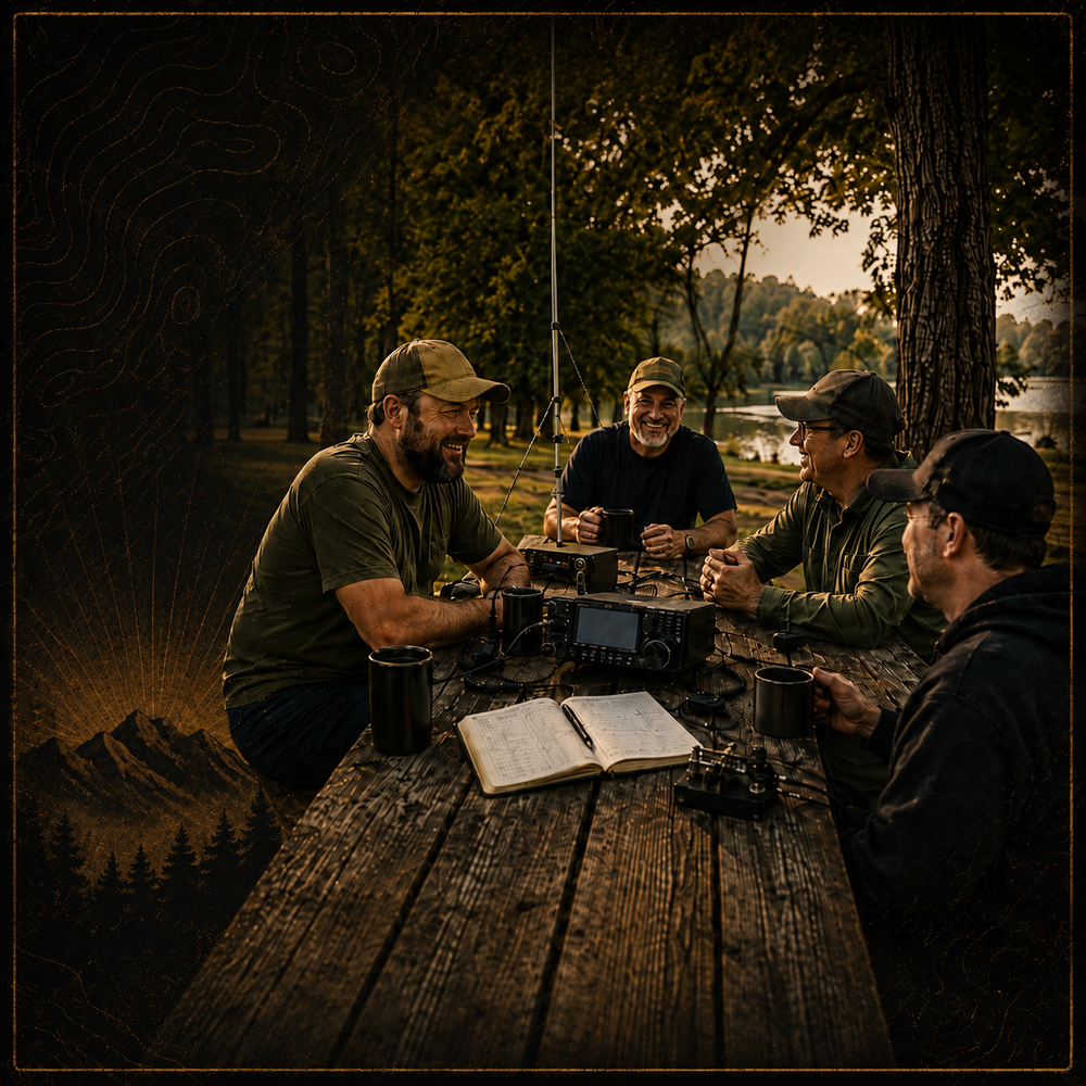 Ham radio operators gathered outdoors at a picnic table with radios, coffee, and community conversation