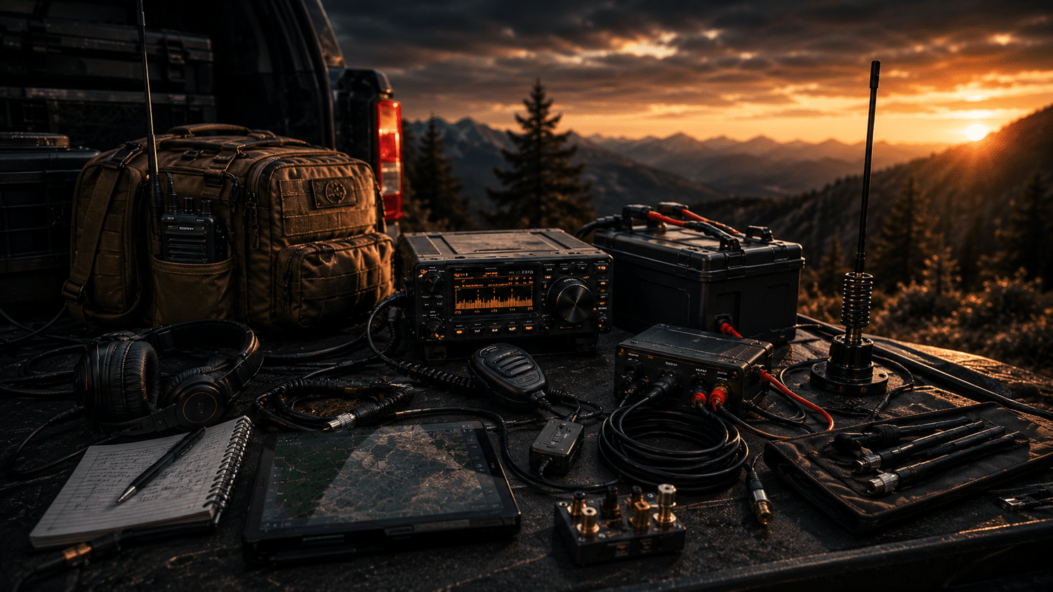 Ham radio gear, portable radio, batteries, antennas, and field setup equipment