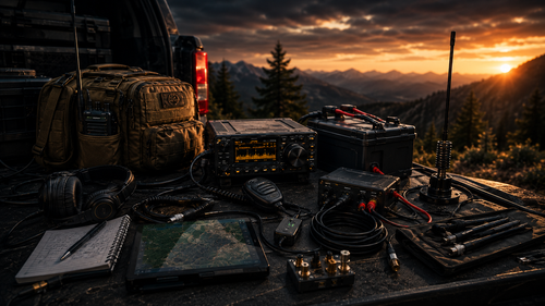 Ham radio gear, portable radio, batteries, antennas, and field setup equipment