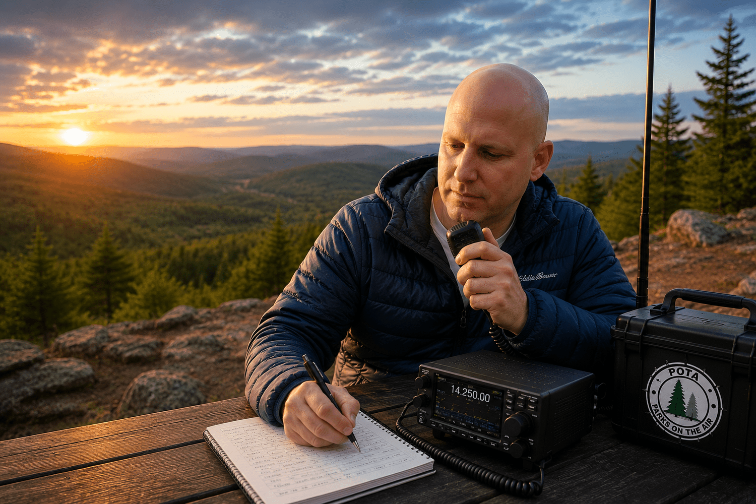 N1JUR operating a portable ham radio station during an outdoor POTA-style field operation