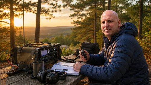Coffee mug, portable ham radio, POTA logbook, and field radio gear for Brew and Activate