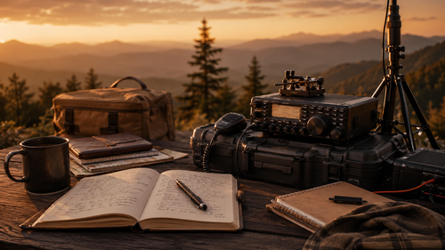 N1JUR field notes newsletter with ham radio gear, notebook, coffee, and portable radio setup