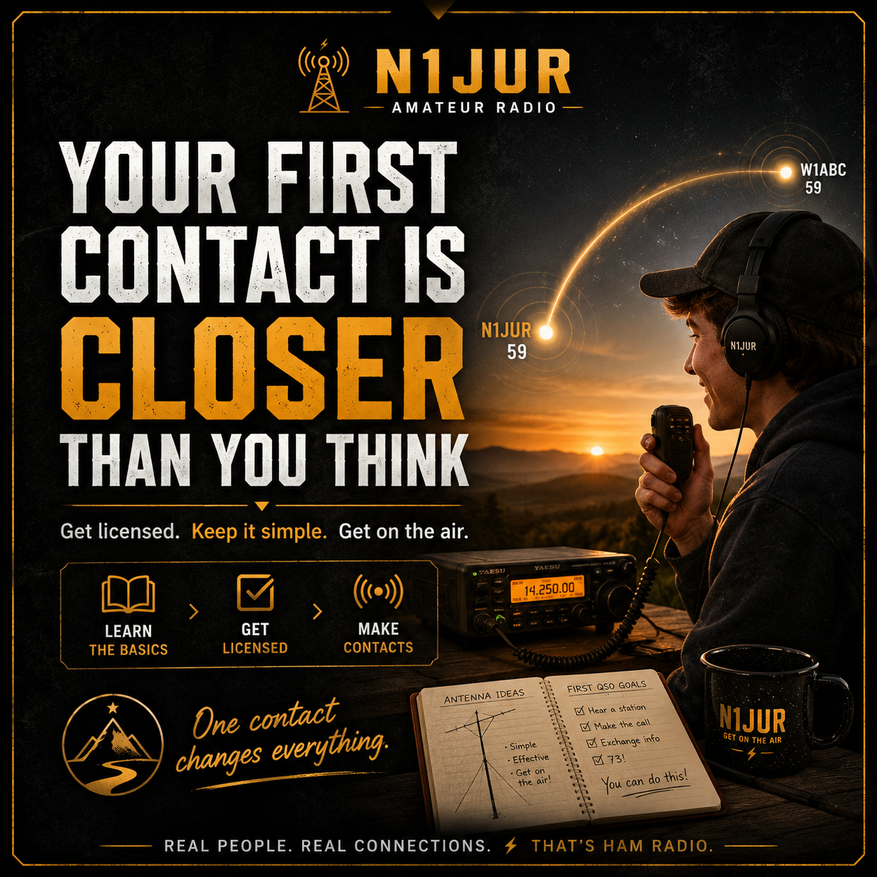 Friendly beginner ham radio setup with radio, notebook, microphone, and coffee