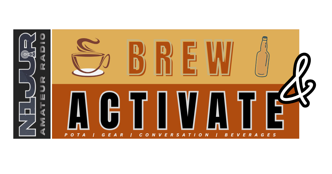 Brew and Activate live stream with coffee, ham radio gear, POTA logbook, and portable radio equipment