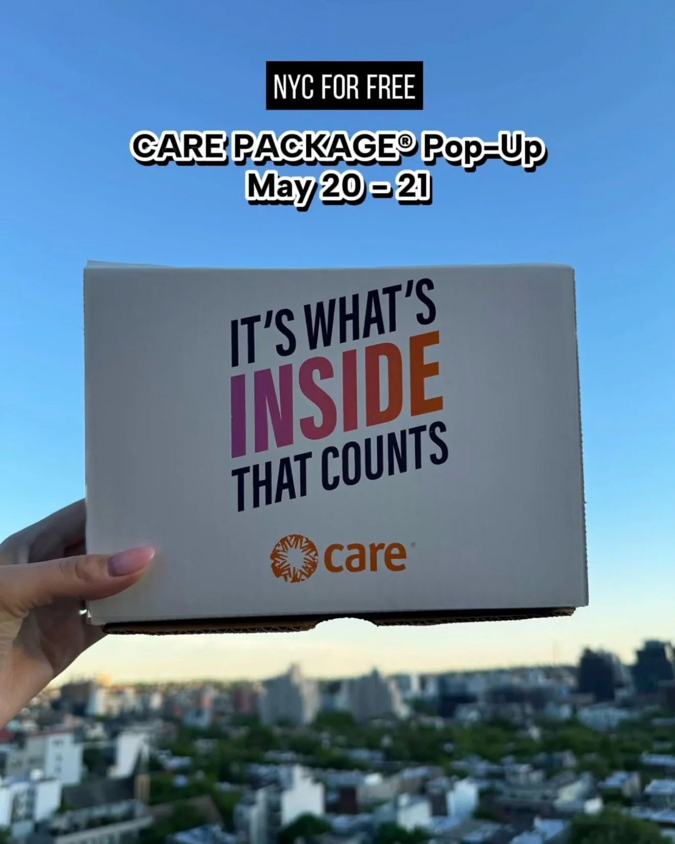 CARE PACKAGE&reg; Pop-Up May 20 - 21&nbsp;📦&nbsp;#CAREpartner

Celebrate 80 years of the @careorg CARE PACKAGE&reg; &amp; make a difference by packing &amp; sending your own (+ prizes for first 50 visitors!)

Since 1946, the CARE PACKAGE&reg; has de