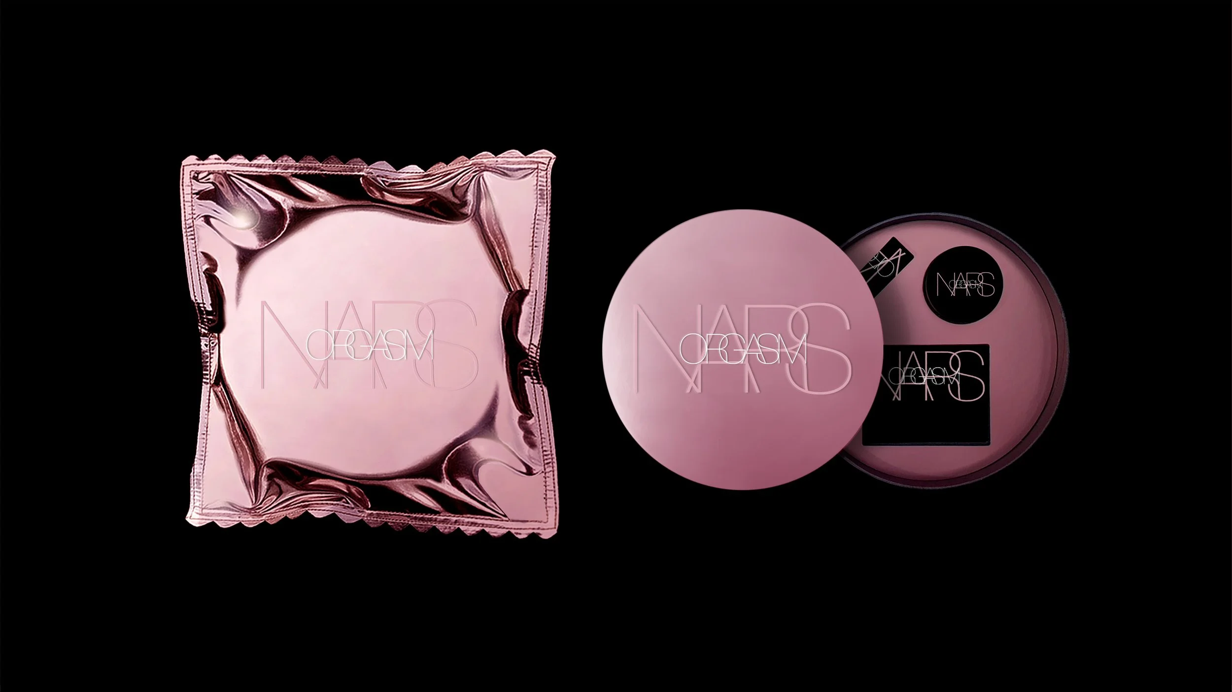 NARS Orgasm makeup products, including a wrapped compact, a pink powder blush, and a round container, displayed against a black background.