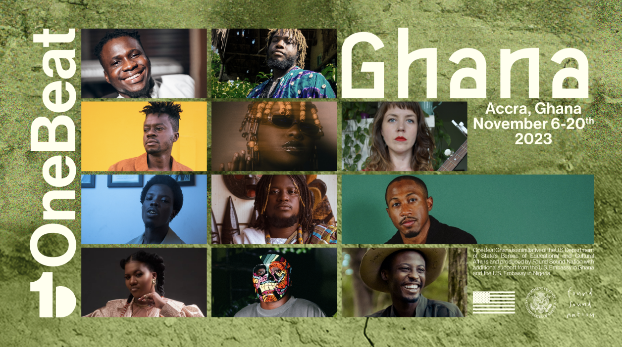 A poster for the OneBeat Ghana event shows 12 portraits of diverse musicians and artists against a green textured background. The event takes place in Accra, Ghana from November 6-20, 2023, and is organized by the U.S. Department of State's Bureau of
