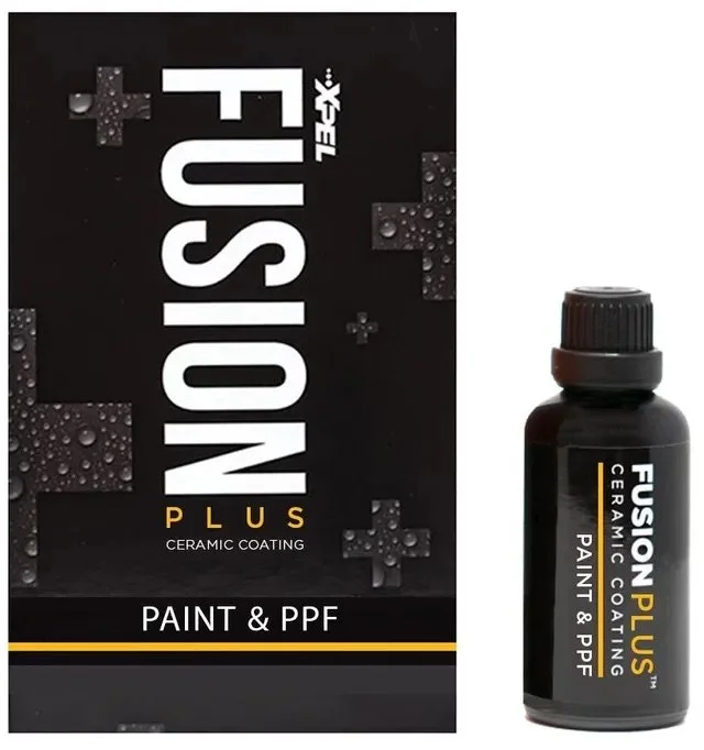 FUSION PLUS ceramic coating kit with paint and PPF, includes a black bottle of ceramic coating solution and a black box labeled FUSION PLUS.