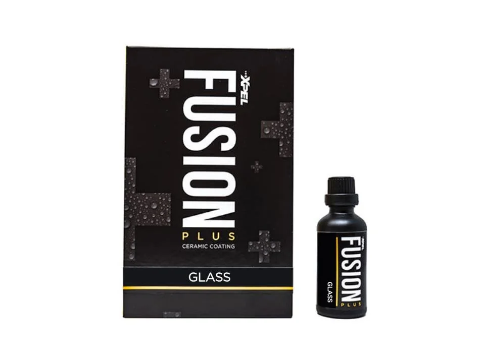 A black box and a small black bottle of Fusion Plus ceramic coating for glass.