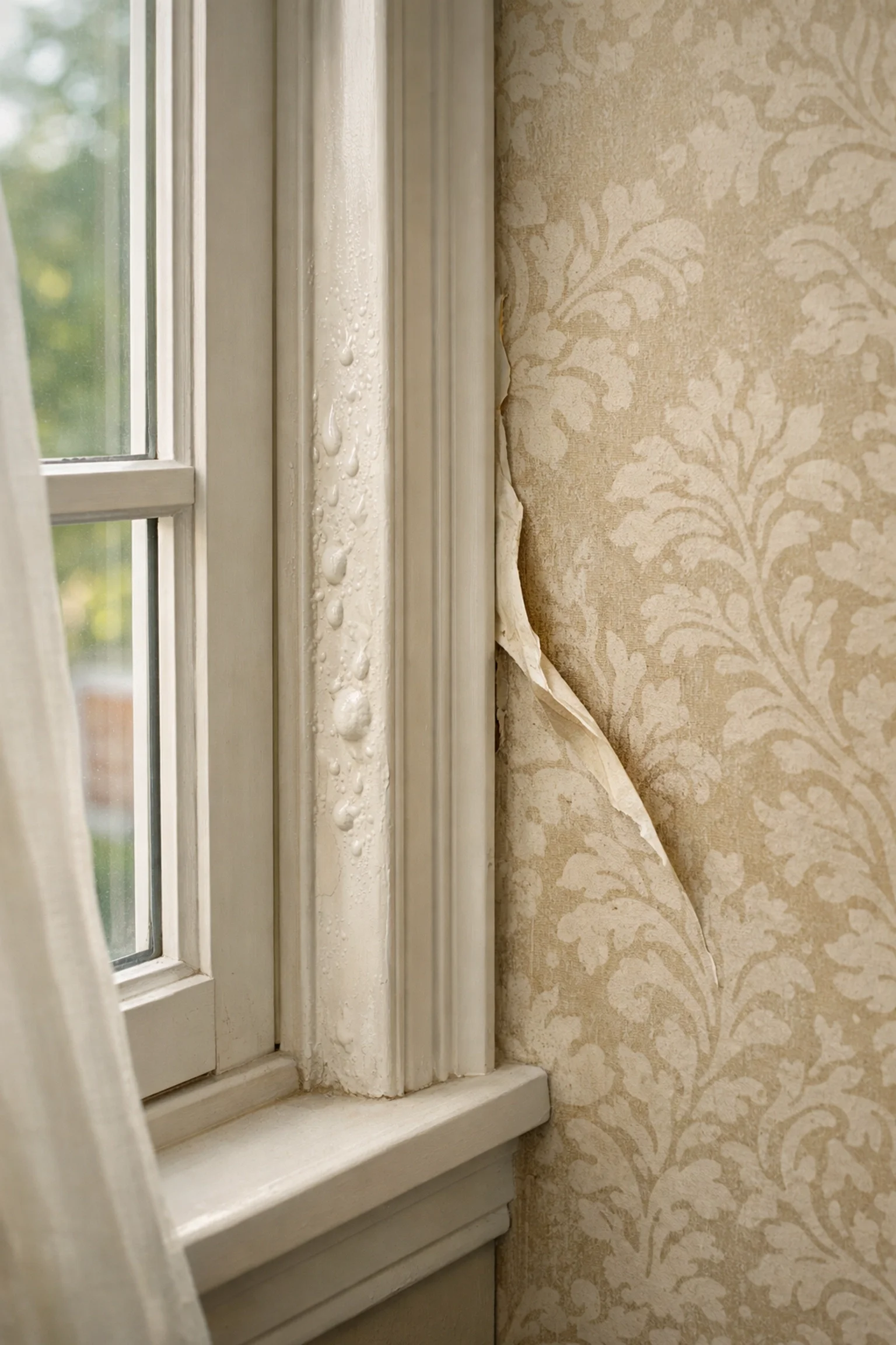 Interior bubbling or peeling wallpaper could be a sign of moisture.