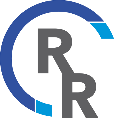 The logo features a large black letter 'R' with a smaller letter 'R' overlapping it, inside a partial blue circle with blue accents.