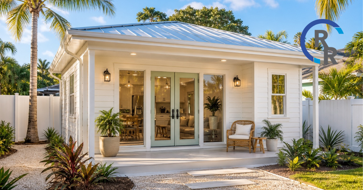 Single-story backyard ADU in Florida featuring light-colored siding, a covered entryway, and surrounding palm trees.