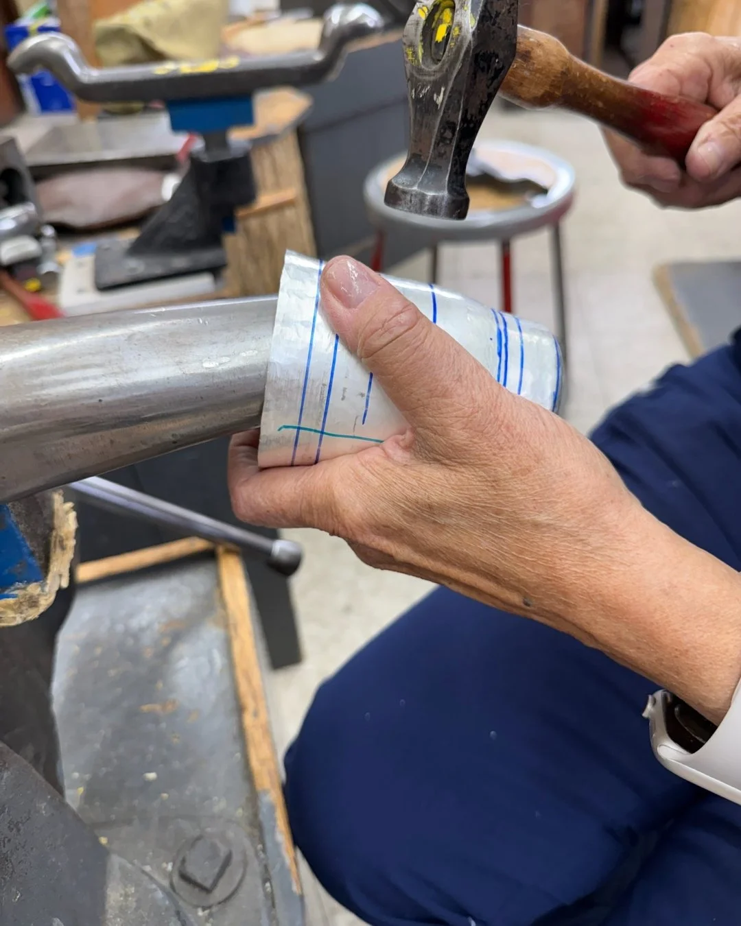 If you are wondering what all those beautiful steel tools from the previous post are used for?
Here&rsquo;s a glimpse: tumblers, plates, and bowls: all raised by hand from flat sheets of sterling silver.
We&rsquo;ll be starting to offer raising class