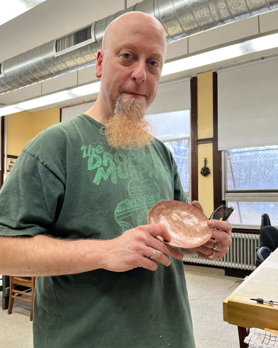 When Rich,  a talented sculptor artist from a few doors  heard we were opening a raising class, he was curious. Our instructor Madeline was happy to show him the ropes. 🔨

Turns out, raising metal is a perfect next chapter for someone who already lo