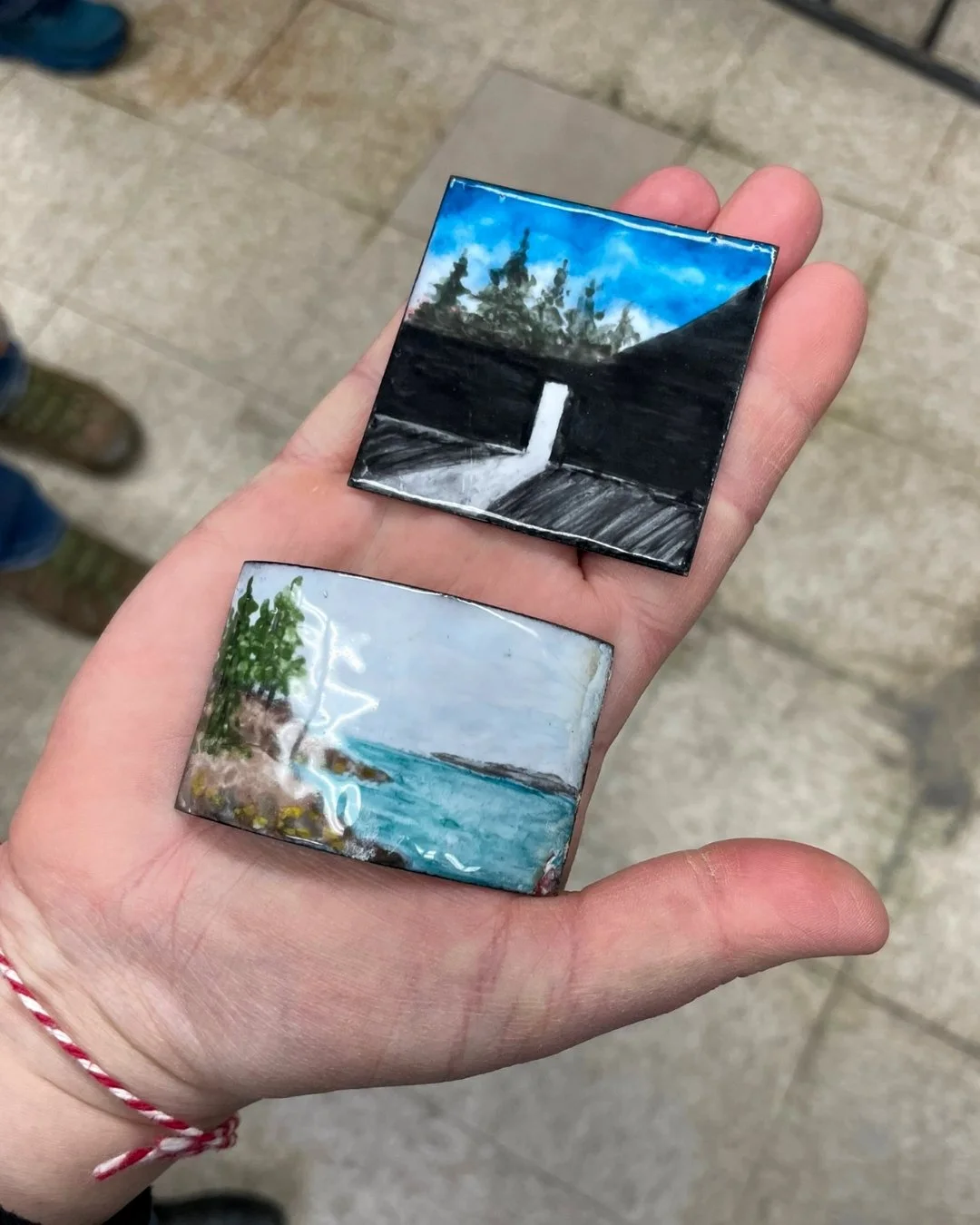 That's not a painting. It's powdered glass, fused to copper at 1500&deg;F,  twice. Both of these fit in one hand.
What are you making today?